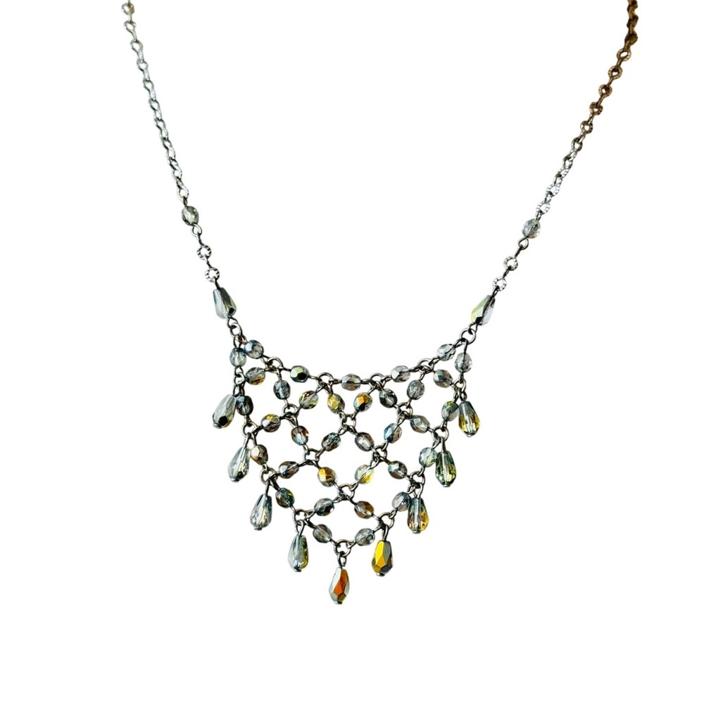 Anne Klein 90s Crystal necklace Choker Silver Waterfall Cascade Fringe 15"